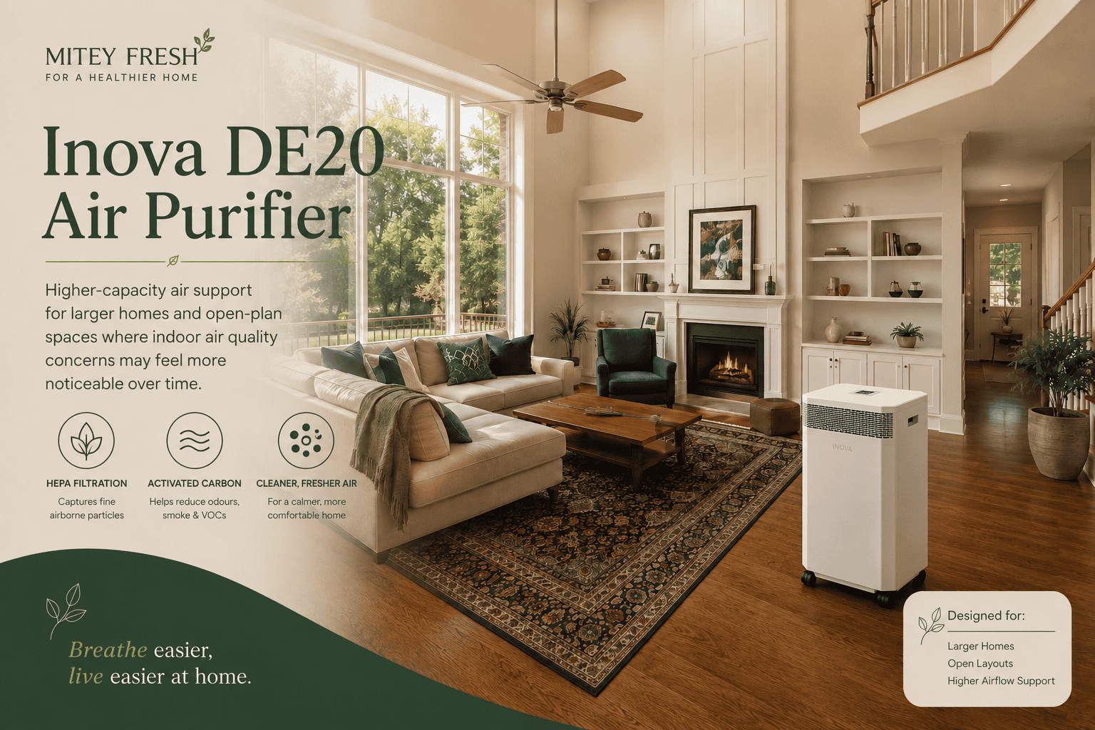 Inova DE20 air purifier supporting cleaner indoor air within a larger open-plan home
