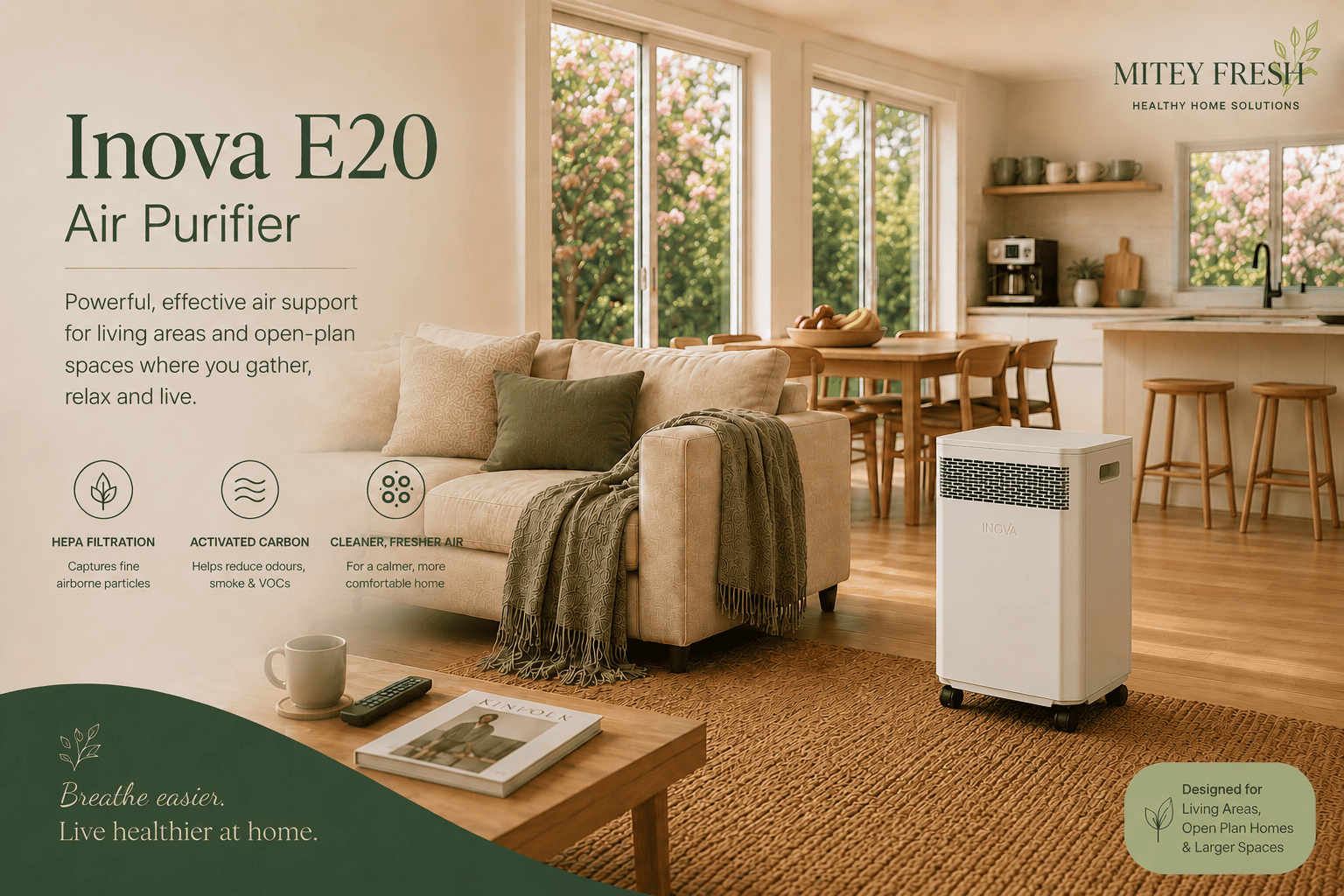 Inova E20 air purifier positioned within a calm open-plan living room and family entertainment space