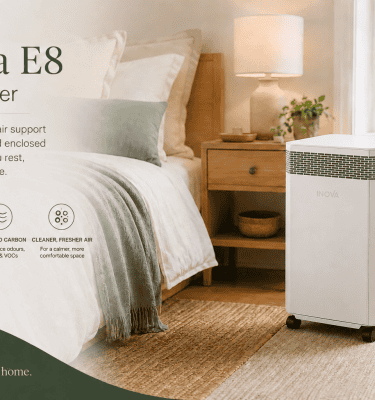 Inova E8 air purifier supporting cleaner indoor air in a bedroom