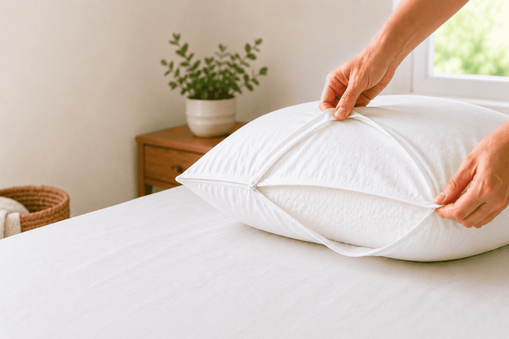 MiteGuard Dust Mite Pillow Protector protecting a pillow with breathable inert fabric allergen barrier for healthier sleep.