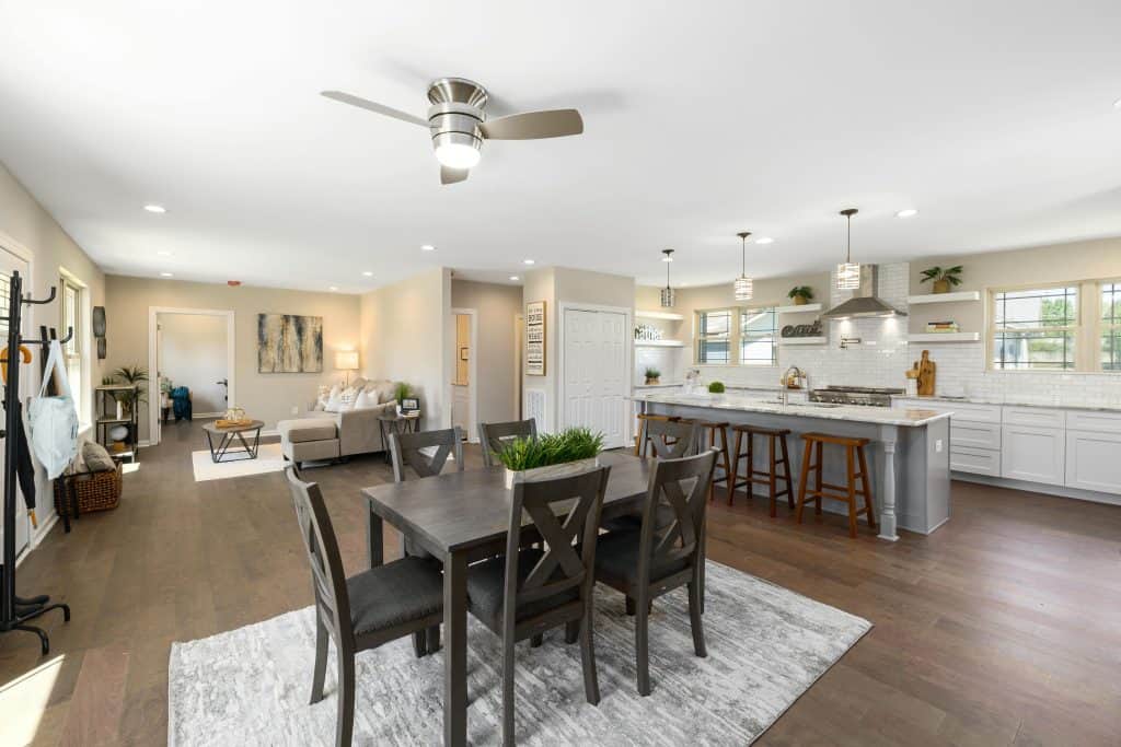 Spacious open-concept kitchen and living area featuring modern interior design.