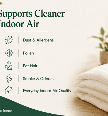 Infographic showing how air purifiers support cleaner indoor air by helping reduce dust and allergens, pollen, pet hair, smoke, odours and everyday indoor pollutants.