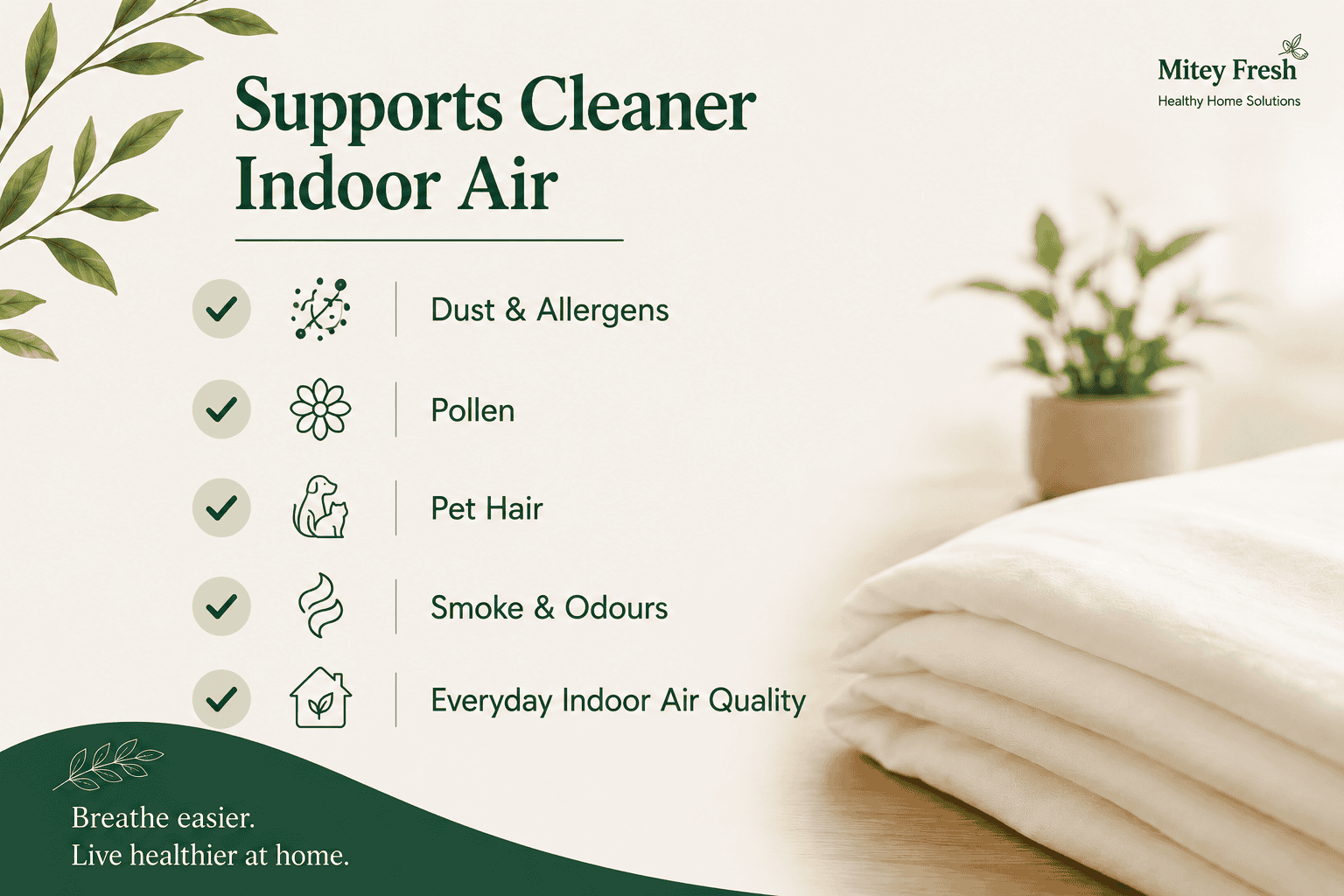Infographic showing how air purifiers support cleaner indoor air by helping reduce dust and allergens, pollen, pet hair, smoke, odours and everyday indoor pollutants.