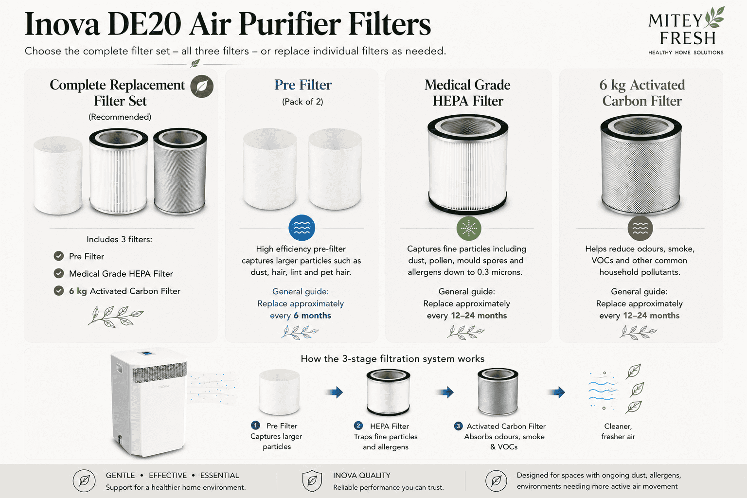 Supports cleaner indoor air infographic for the Inova DE20 Air Purifier showing dust and allergen reduction, pollen, pet hair, smoke and odours, and everyday indoor air quality.