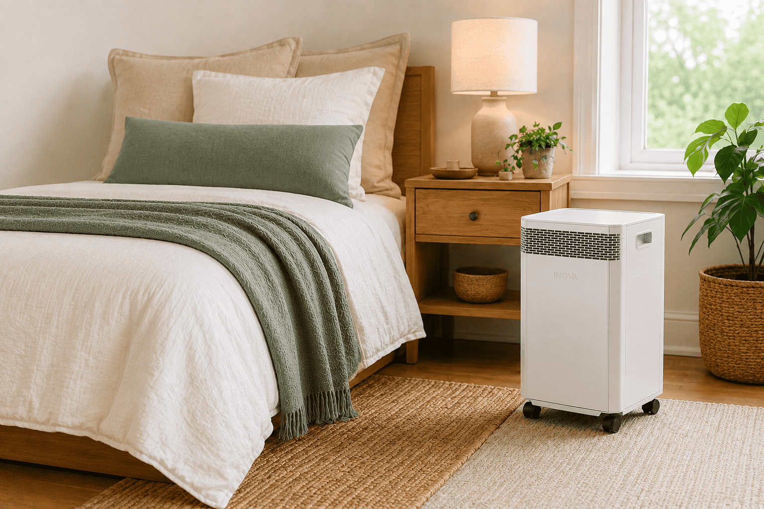 Inova E8 air purifier supporting cleaner indoor air in a bedroom