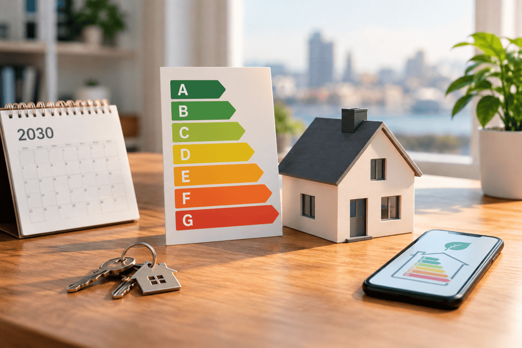 Etiqueta de certificado energético de la A a la G junto a una casa y un calendario de 2030
