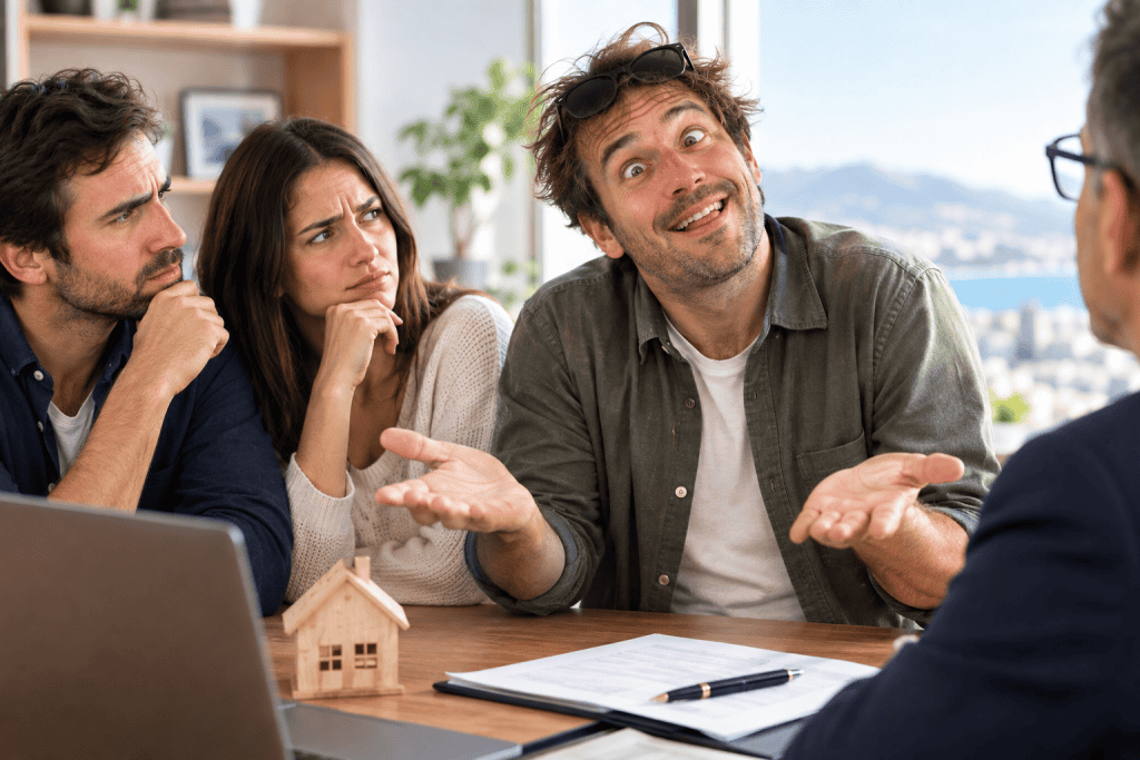 Pareja escuchando la opinión de un familiar durante la compra de una vivienda