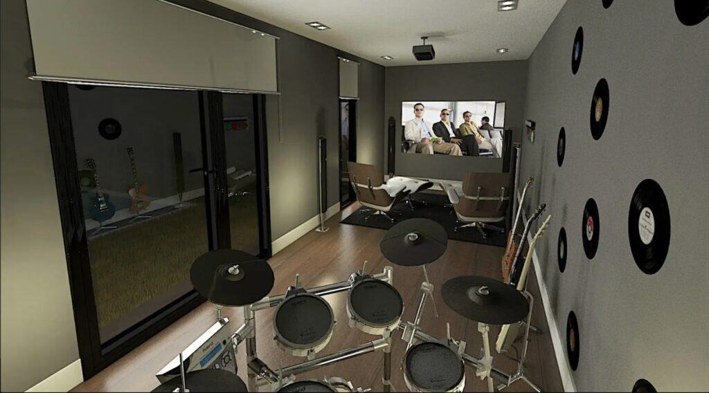 Sala de música con instrumentos y televisor