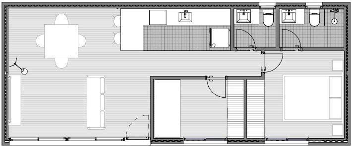 Plano de distribución de una casa con dos baños.