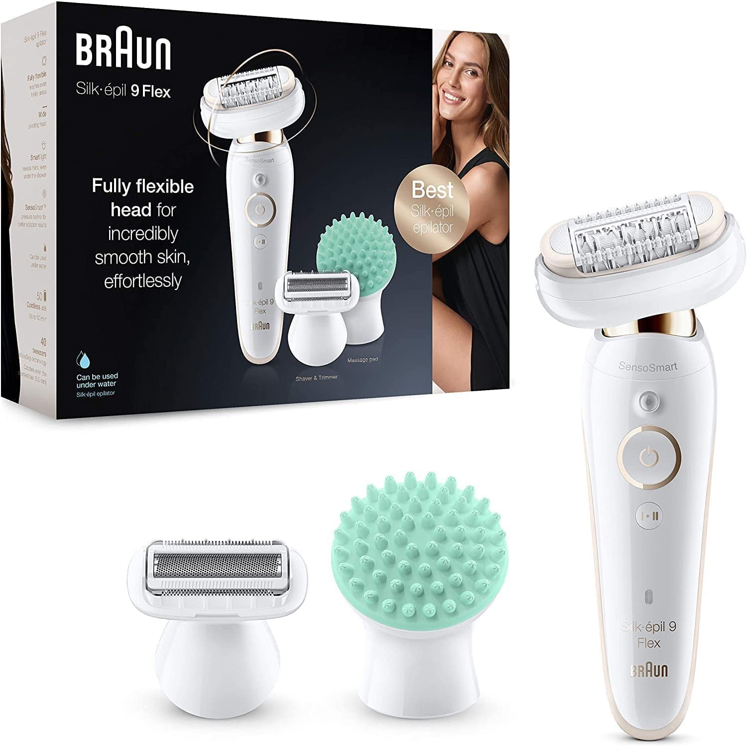 Épilateur Braun Silk épil 9 Flex 9-020 avec deux accessoires et sa boîte d'emballage sur un fond blanc.