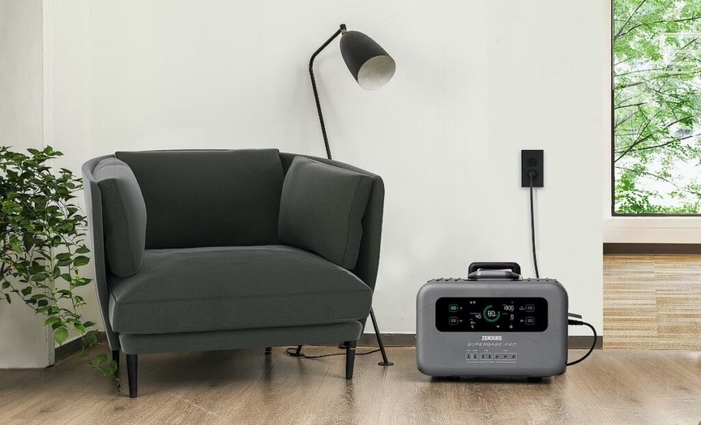 Une station électrique portable dans le salon, à droite d'un fauteuil.