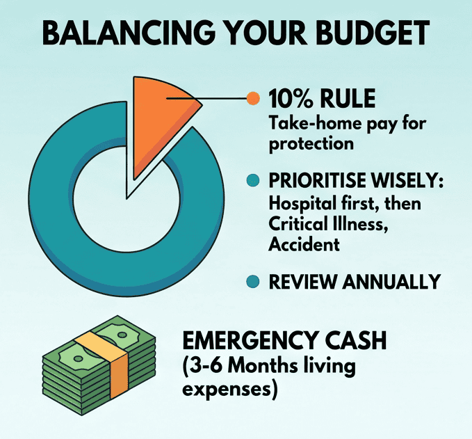 5 Infographic on balancing budget with insurance tips including 10% rule, prioritising hospital and critical illness, and emergency cash planning.