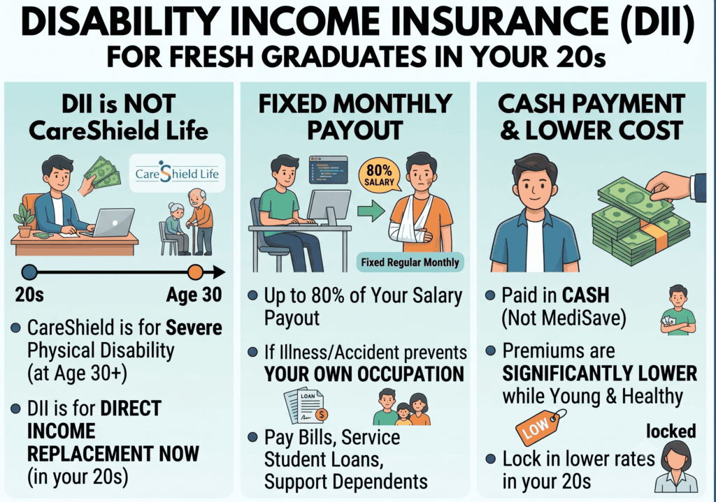 Gemini_Generated_Image_yzdgipyzdgipyzdg Infographic explaining disability income insurance options for fresh graduates in their 20s, highlighting coverage, payout, and cost benefits.