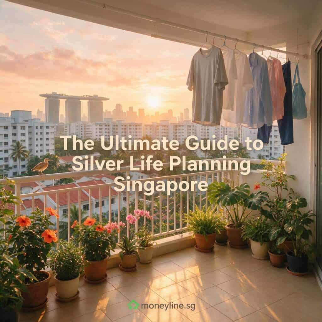 Balcony overlooking Singapore city skyline with laundry hanging and potted plants, during sunset.