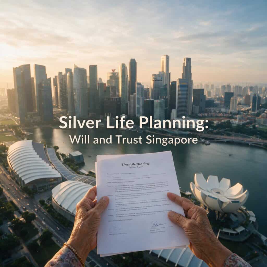 A person holding a document titled 'Silver Life Planning' with Singapore's skyline in the background, emphasizing financial planning and estate management.