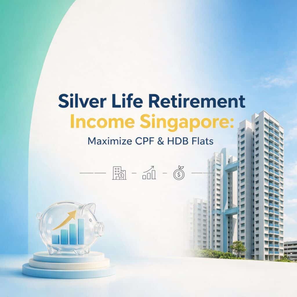 Retirement planning image showing CPF, HDB flats, and financial growth icons for Singapore.