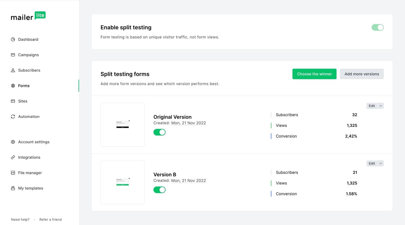 A/B test forms