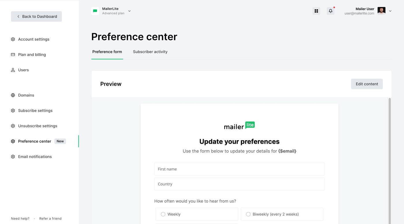 Preference center