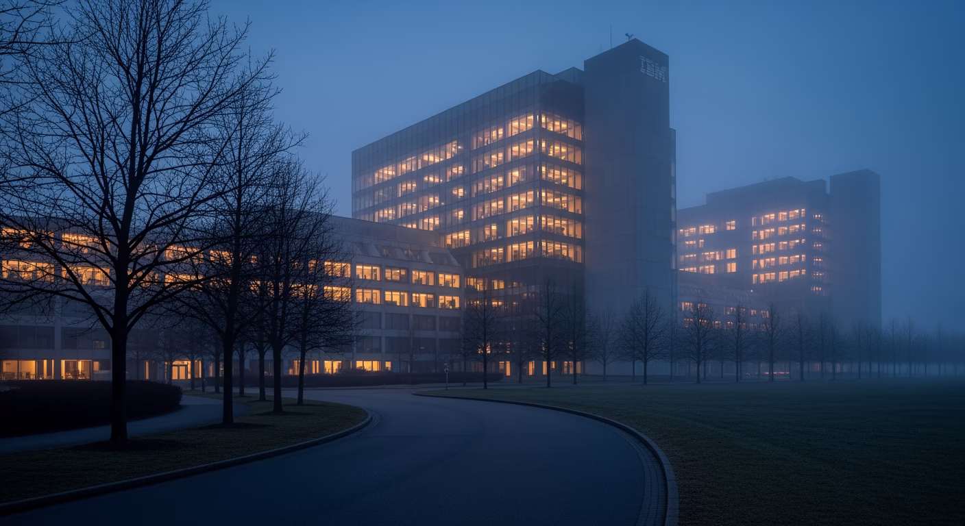IBM stock analysis of a corporate technology campus at dusk