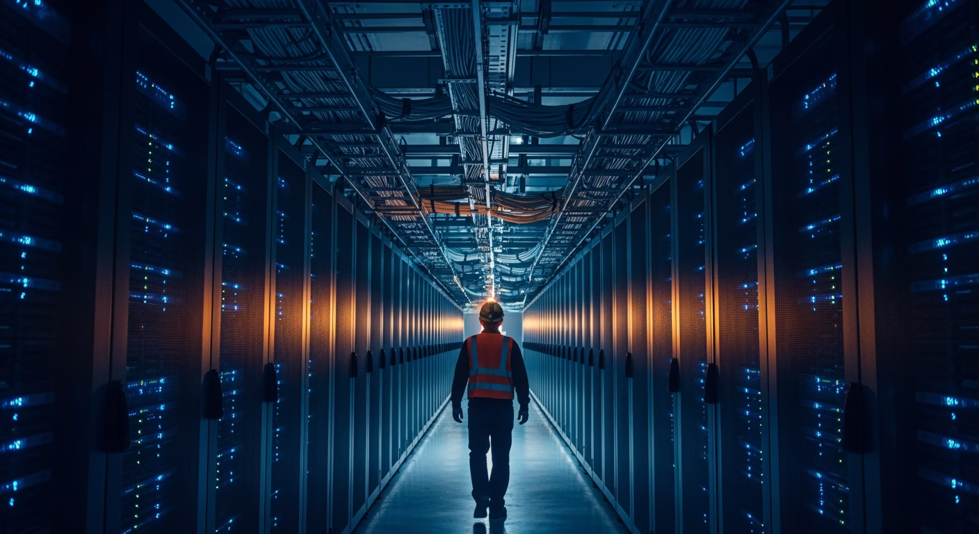 Snap stock analysis illustrated by a data center server hall powering a social advertising platform