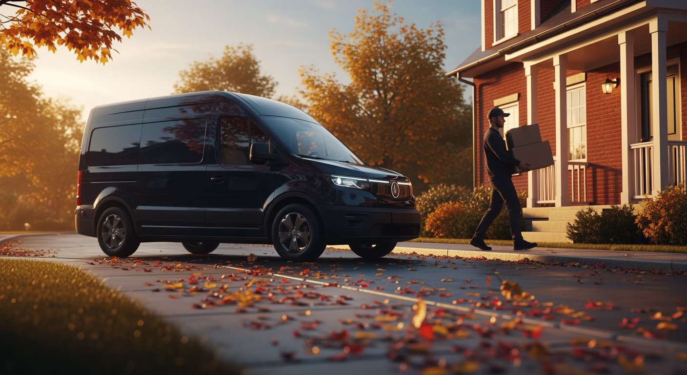 Amazon stock analysis: delivery van loading parcels on a suburban street at dawn