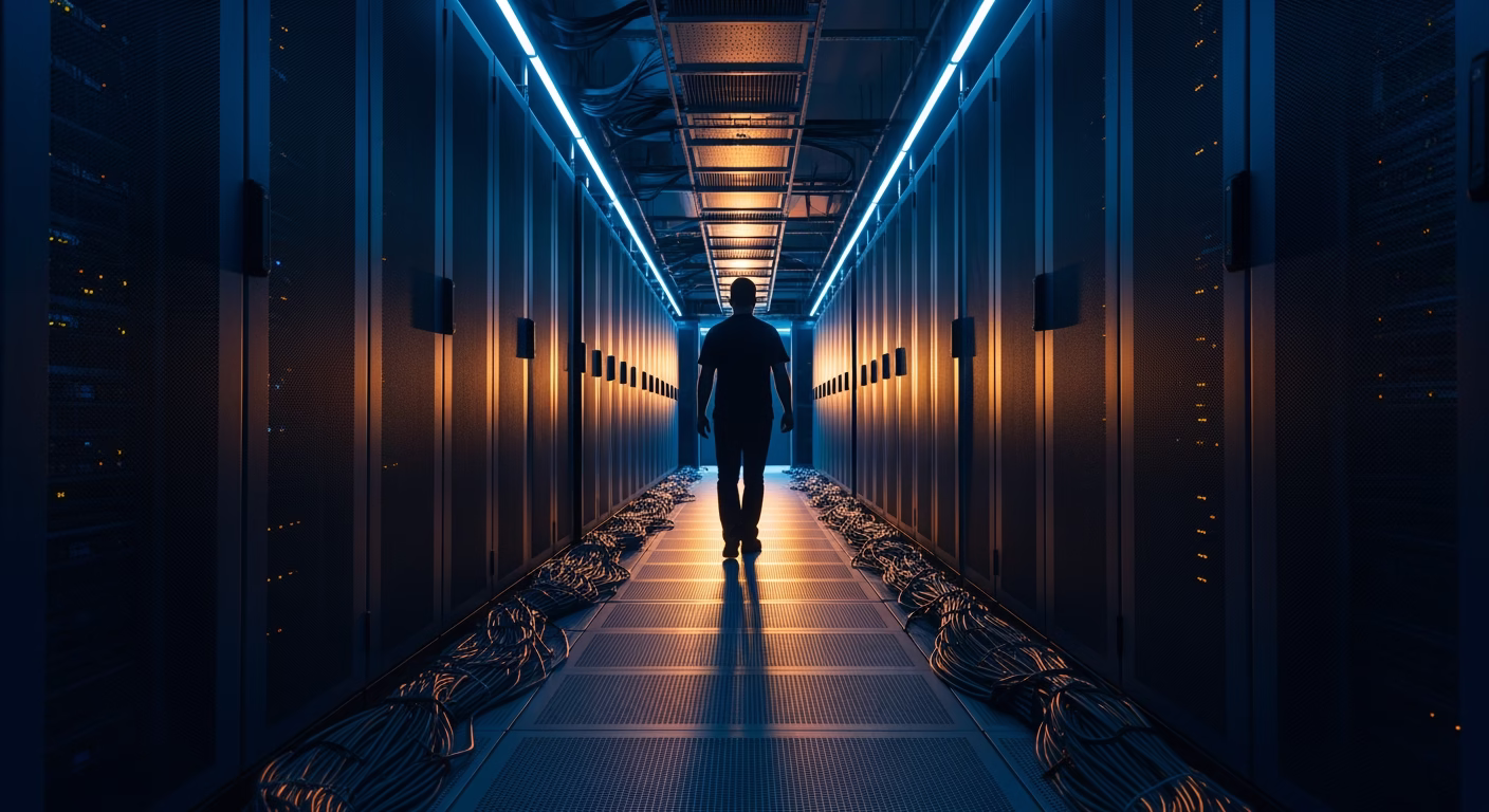 Amazon stock analysis: data centre corridor lined with server racks under cool blue lighting