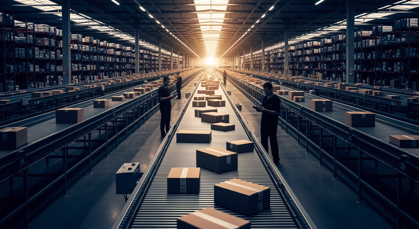 Amazon stock analysis: fulfillment centre conveyor lines moving parcels under industrial lighting