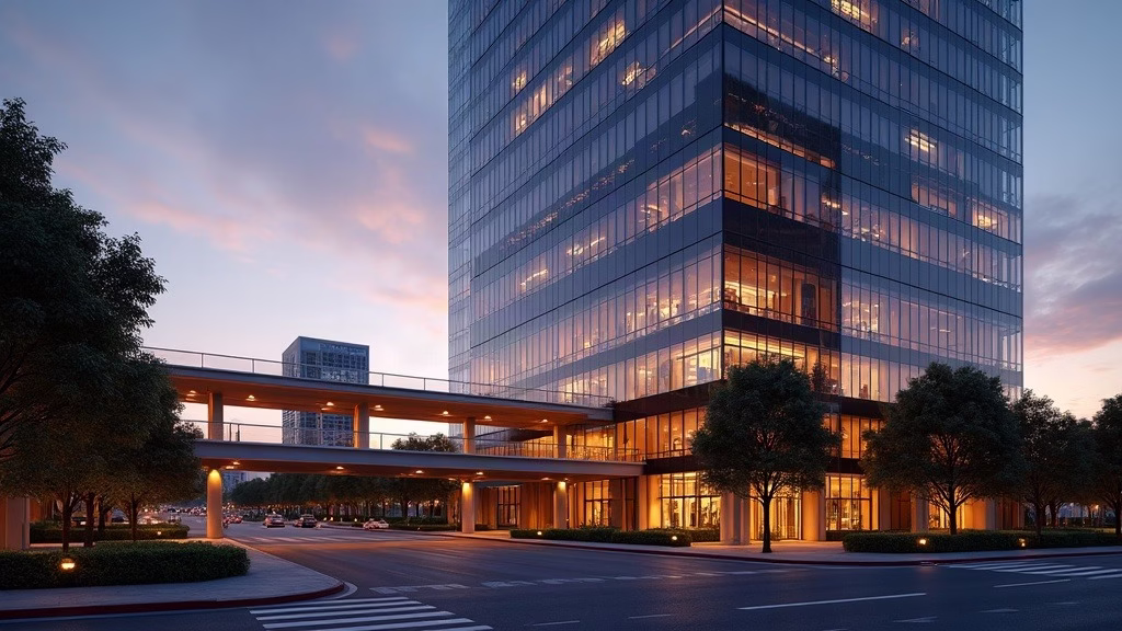 Adobe stock analysis: a 30-story glass office tower with a stepped, metallic-fin facade glows amber above a wide San Jose…