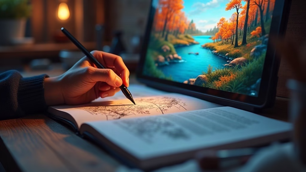 Adobe stock analysis: close-up of a professional illustrator's hand guiding a pressure-sensitive stylus across a matte…
