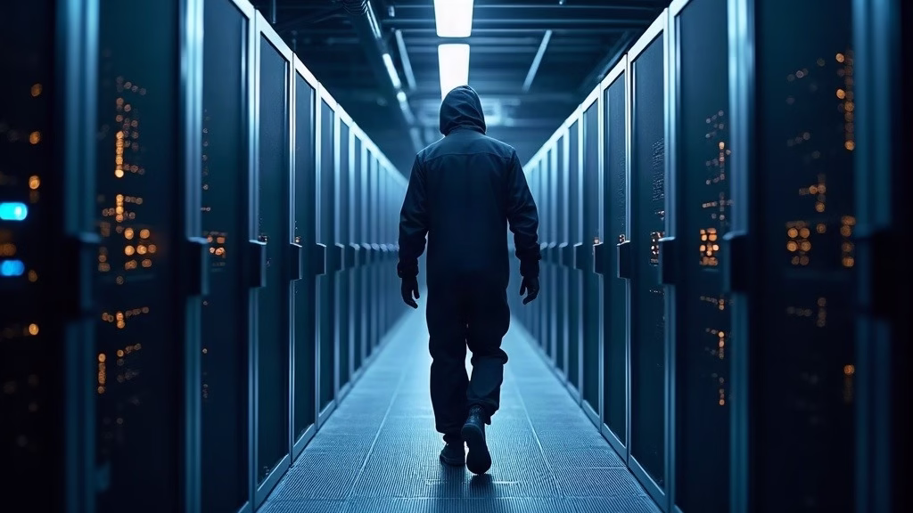 Adobe stock analysis: an engineer in a dark anti-static suit walks a once-through cold aisle where GPU-accelerated server…