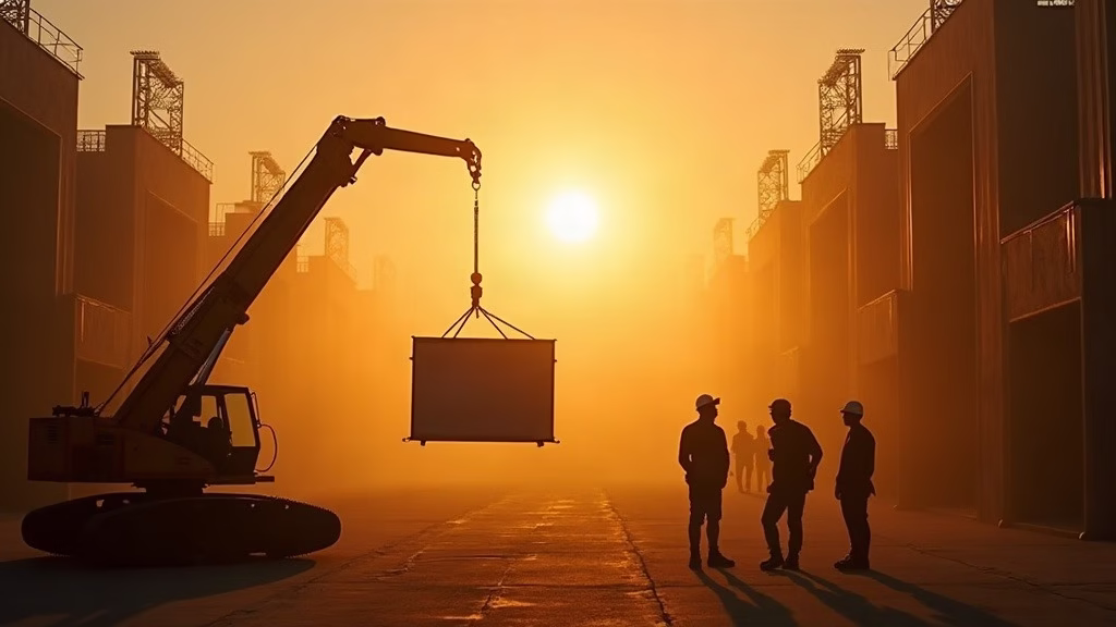 Adobe stock analysis: golden-hour backlot of a film production complex: a cinema camera rig is hoisted on a hydraulic…