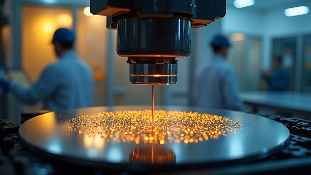 AMD stock analysis: inside a semiconductor cleanroom in Taiwan's Hsinchu science park, a robotic wafer handler lifts a…
