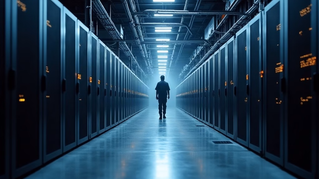 AMD stock analysis: exascale supercomputer hall in Oak Ridge, Tennessee: endless rows of tall black cabinets laced with…