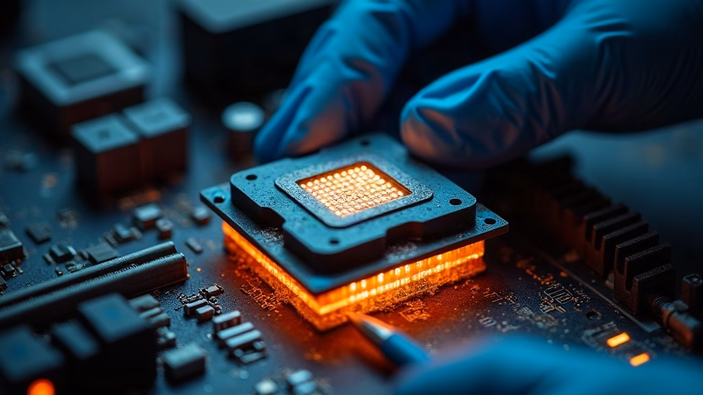 AMD stock analysis: gloved hands lower a large multi-die server processor into a motherboard socket on a dust-free test…