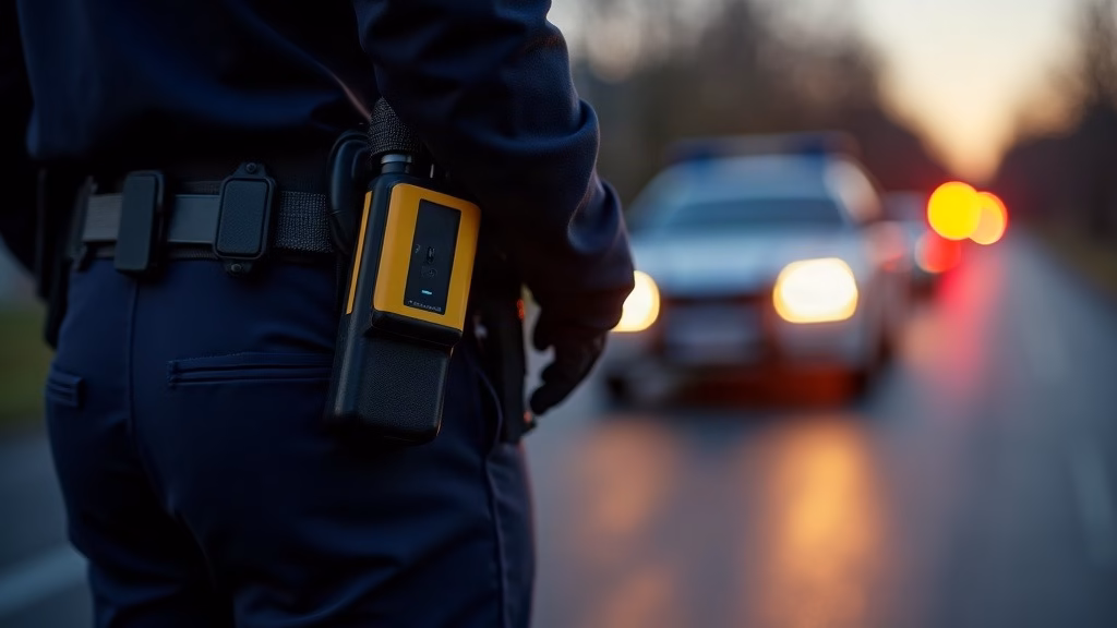 AXON Stock Analysis: close-up of an anonymous officer's duty belt at dusk, black holster holding a compact…