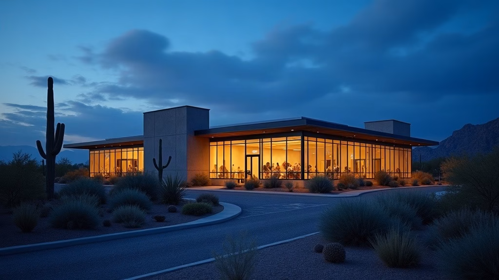 AXON Stock Analysis: wide cinematic view of a low-rise glass-and-concrete corporate manufacturing campus at twilight…