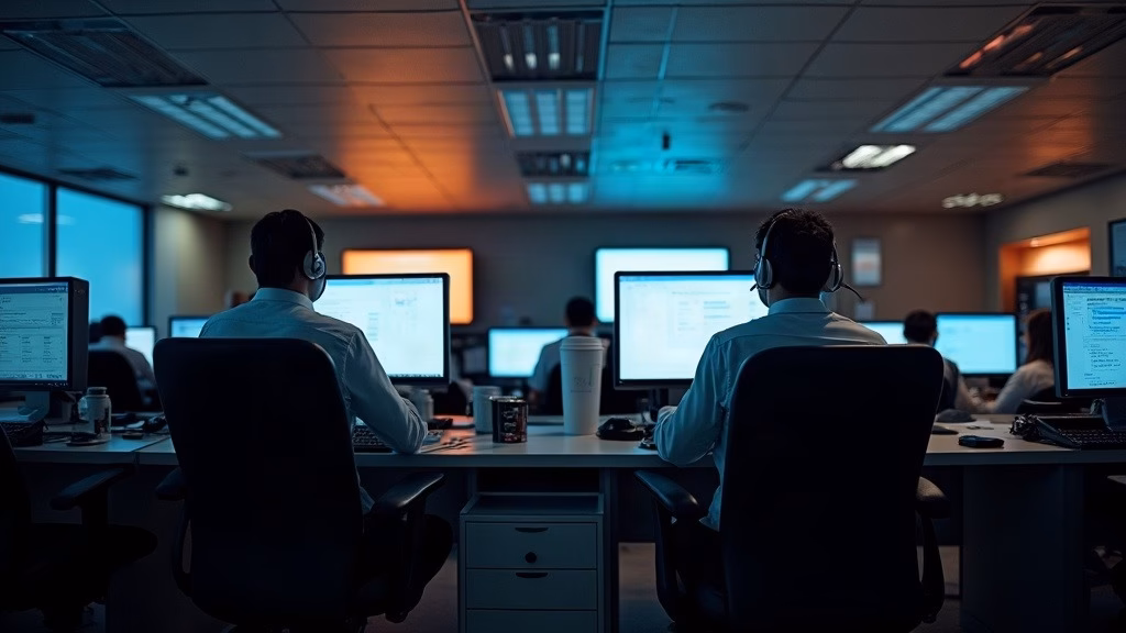 AXON Stock Analysis: night inside a municipal emergency dispatch center, anonymous operators wearing headsets at radio…