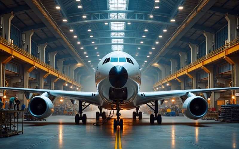 Boeing stock analysis: inside a vast commercial aircraft assembly building, an unfinished widebody fuselage section rests…