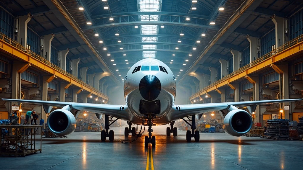 Boeing stock analysis: inside a vast commercial aircraft assembly building, an unfinished widebody fuselage section rests…