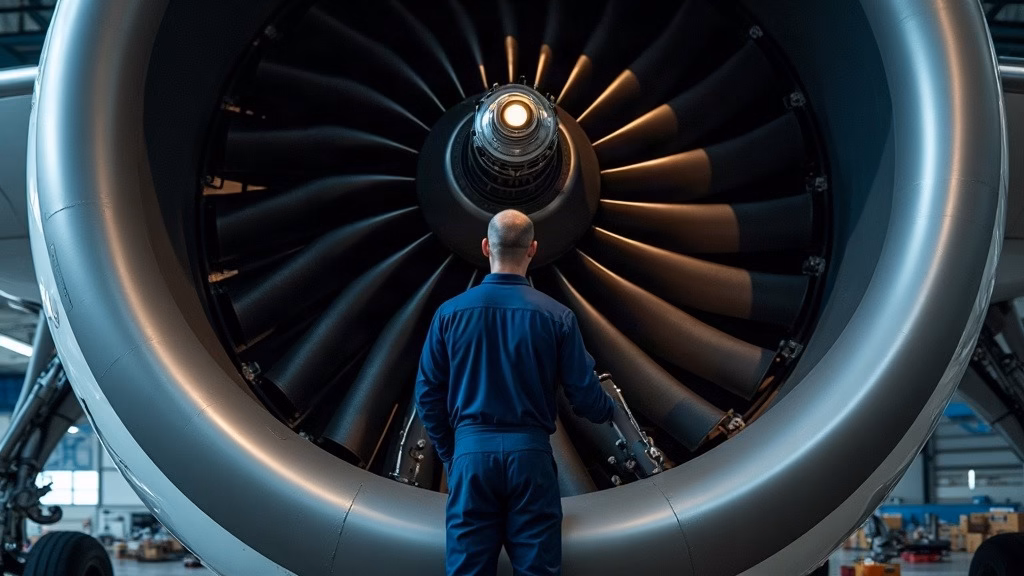 Boeing stock analysis: close-up of a massive turbofan engine removed from a widebody aircraft, open cowling revealing…
