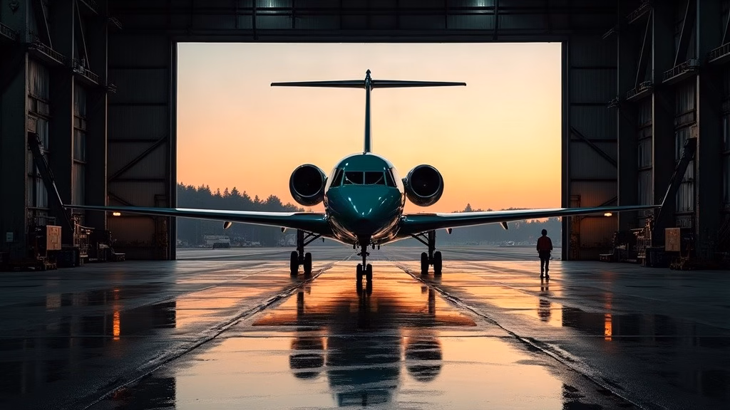Boeing stock analysis: at dusk, a freshly painted widebody jet rolls out of a cavernous paint hangar, glossy grey-green…
