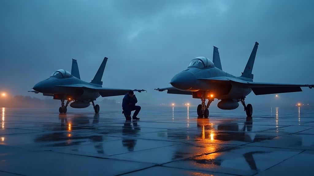 Boeing stock analysis: two grey fighter jets parked on a rain-slicked tarmac at blue hour, canopies streaked with water, a…