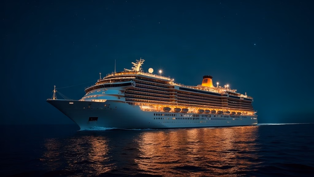 Carnival stock analysis: at night, a colossal white cruise ship glows with hundreds of warm cabin lights as it sails through…