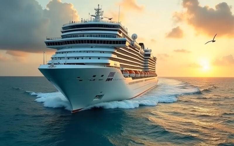 Carnival stock analysis: a massive white cruise ship with tiered balconies and a funnel cuts through deep turquoise…