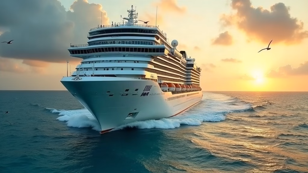 Carnival stock analysis: a massive white cruise ship with tiered balconies and a funnel cuts through deep turquoise…