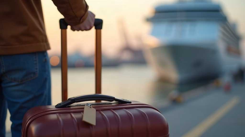 Carnival stock analysis: close-up of a cruise passenger's hand gripping a polished teak gangway railing, rolling suitcase…