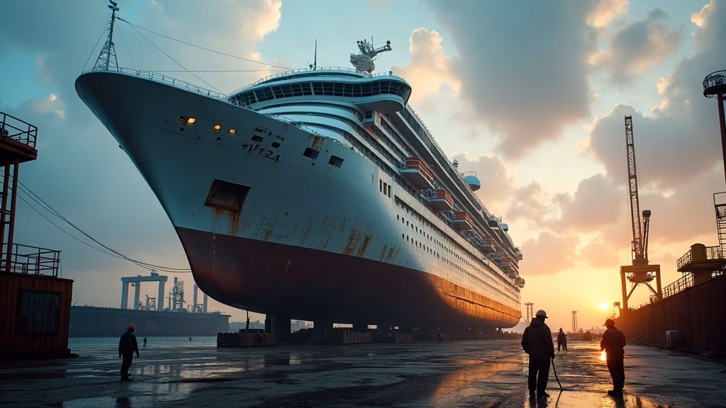 Carnival stock analysis: in a vast coastal shipyard at dawn, an immense white cruise ship sits raised in a floating dry…