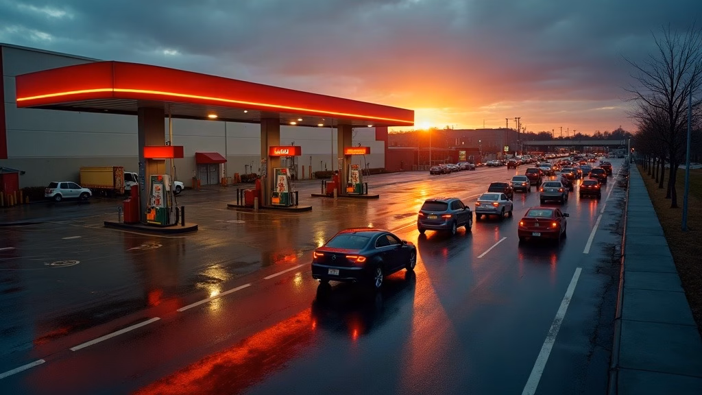 Costco Stock Analysis 2026: at dusk, rows of cars queue at a busy retail fuel station beside a large warehouse store