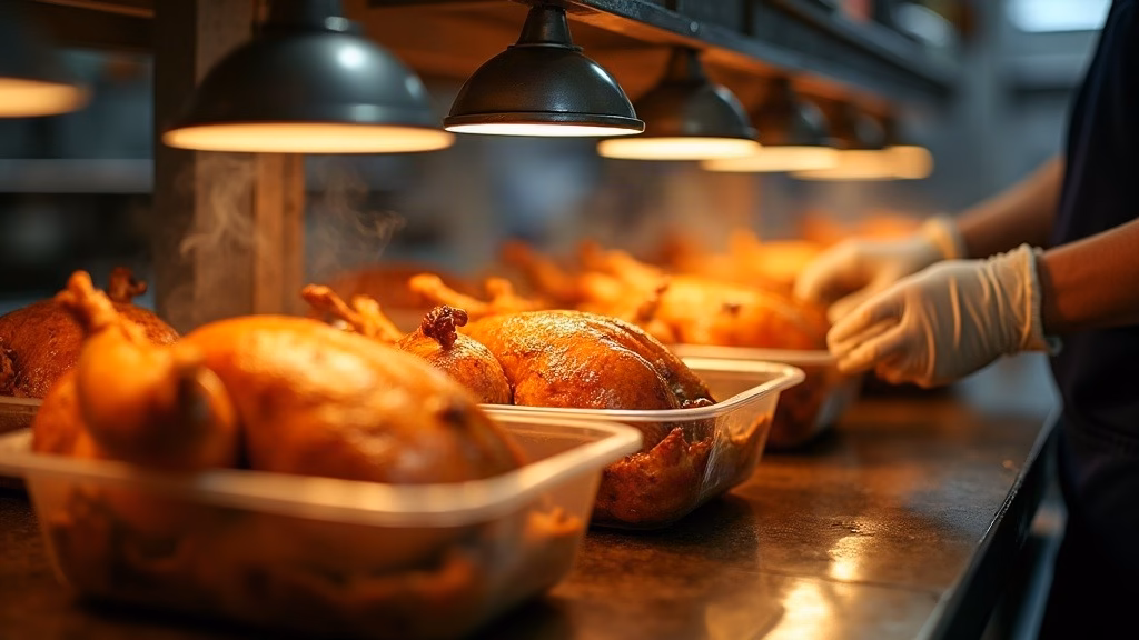 Costco Stock Analysis 2026: glistening rotisserie chickens rotate under warm heat lamps, golden skin gleaming