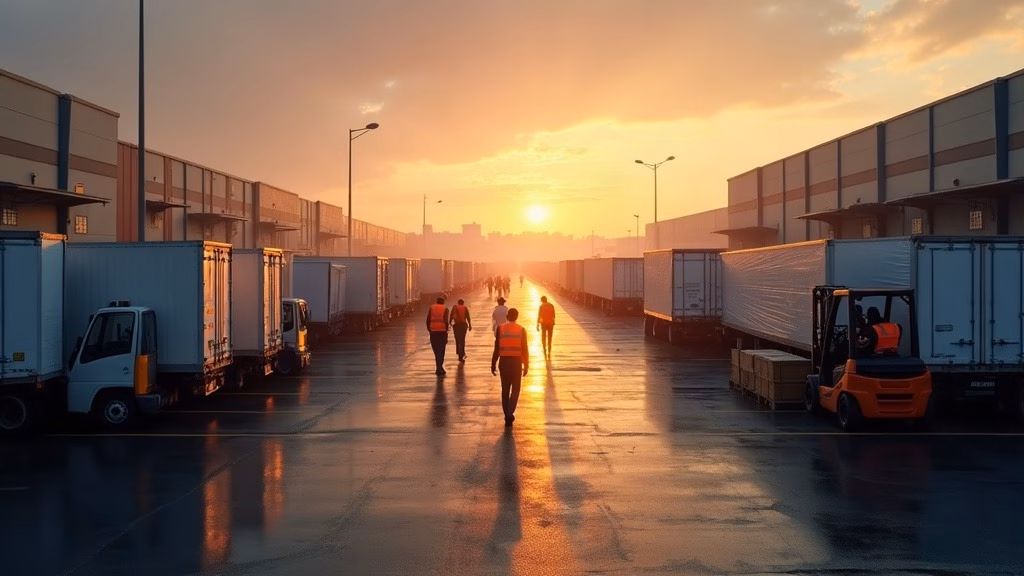 Costco Stock Analysis 2026: at dawn, a sprawling retail distribution center loading dock stretches wide: rows of trailer bays…